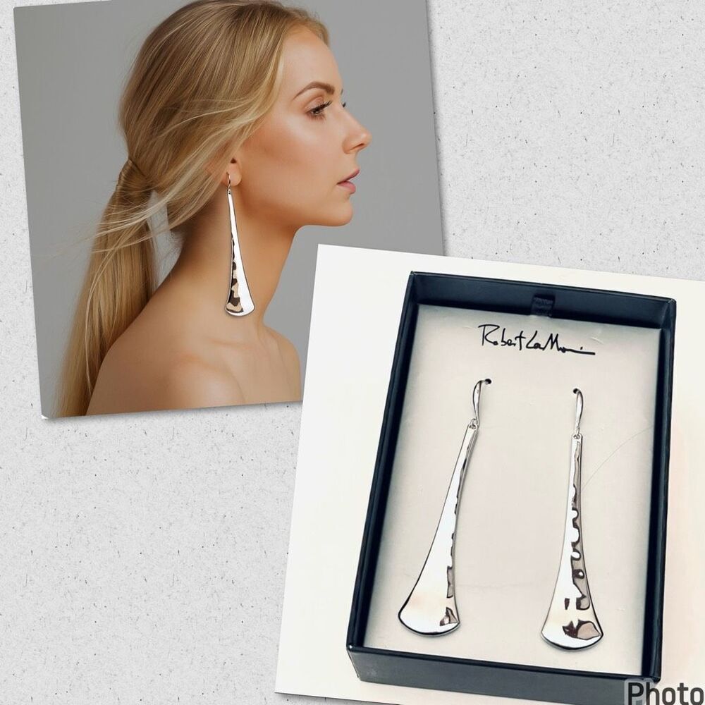 NWT New Box Robert Lee Morris Gorgeous Long Polished Shinny Silver Drop earrings